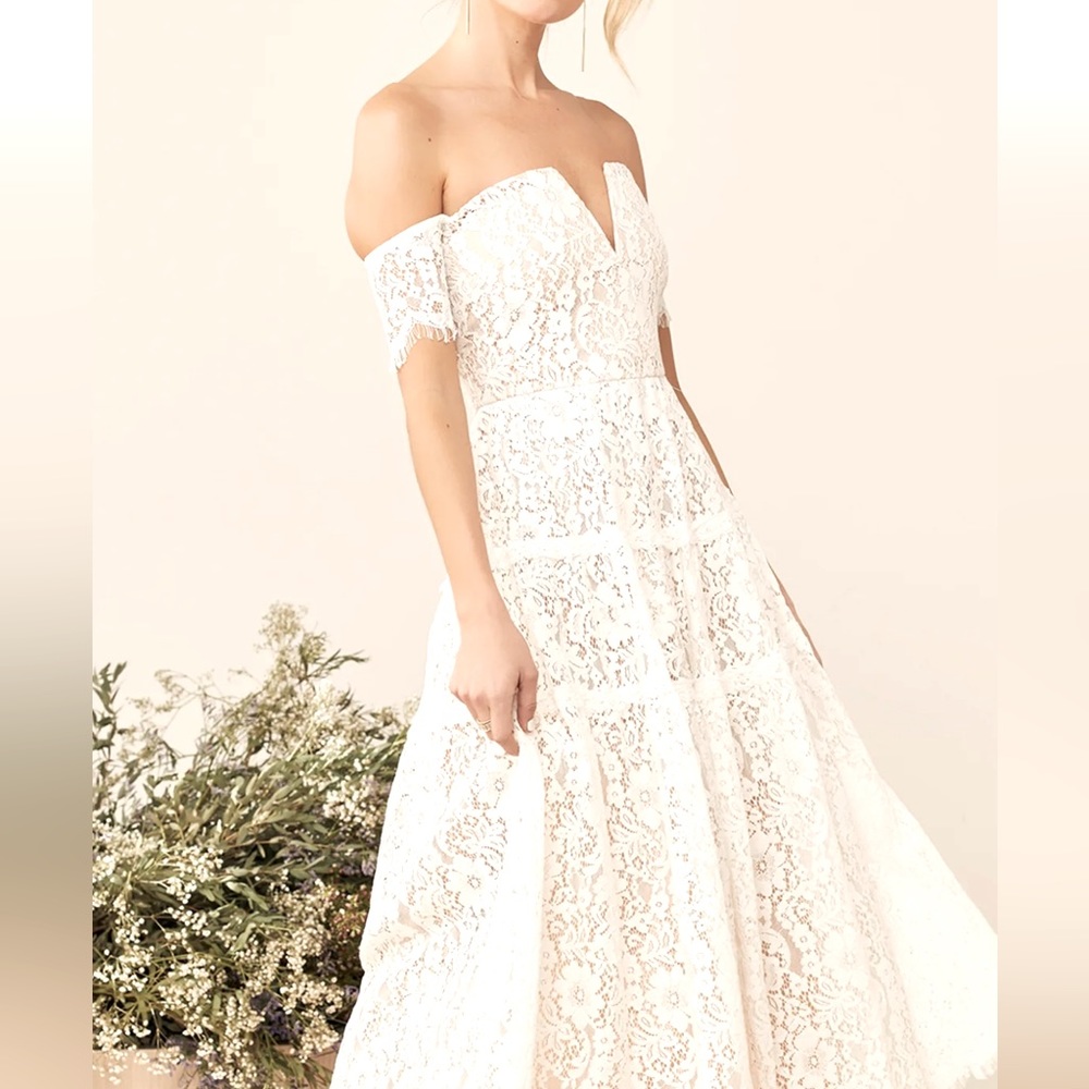 White lace off the shoulder midi dress